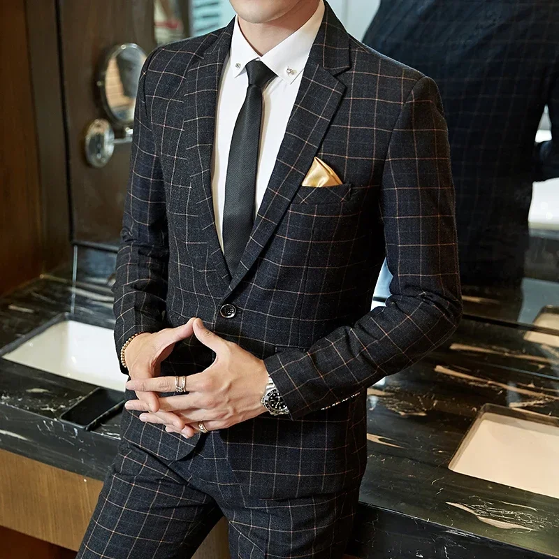 LIBIELIY 2024 Men's Casual One-button No-ironing Plaid Suit (suit + Trousers) Stylish Business Handsome Best Man Suit Two-piece