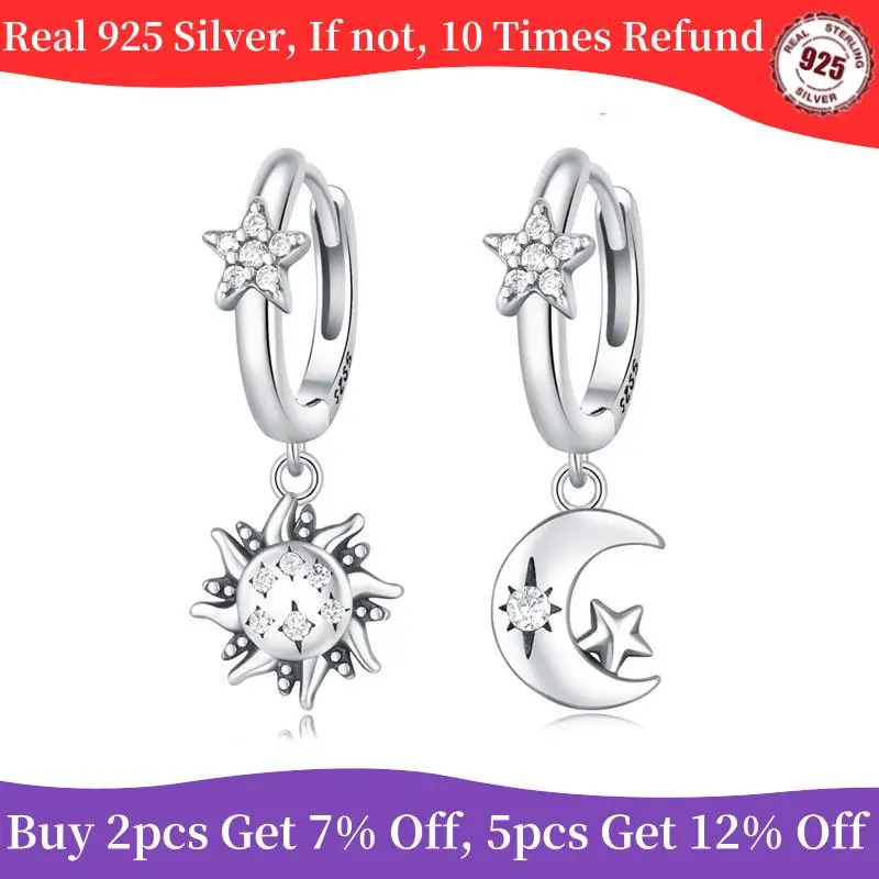 Hot Sale 100% Real 925 Sterling Silver Crystal Zircon Sun Moon Earring For Women Making Jewelry Gift Wedding Party Engagement