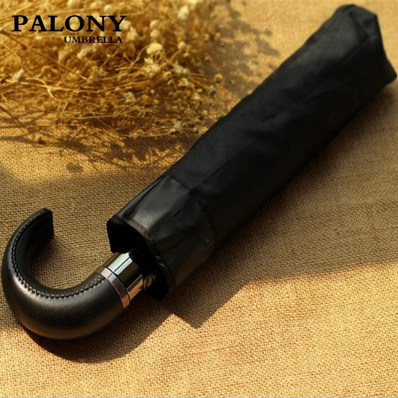 PALONY-Windproof Leather Handle Umbrella for Men, Strong Automatic Umbrella, Resistant, 3 Folding, Black, 10K