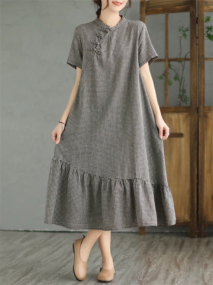 Summer Cotton Vintage Plaid Long Dresses For Women 2025 New Casual Breathable Dress Office Lady Work Femme Robe Elegant Clothing