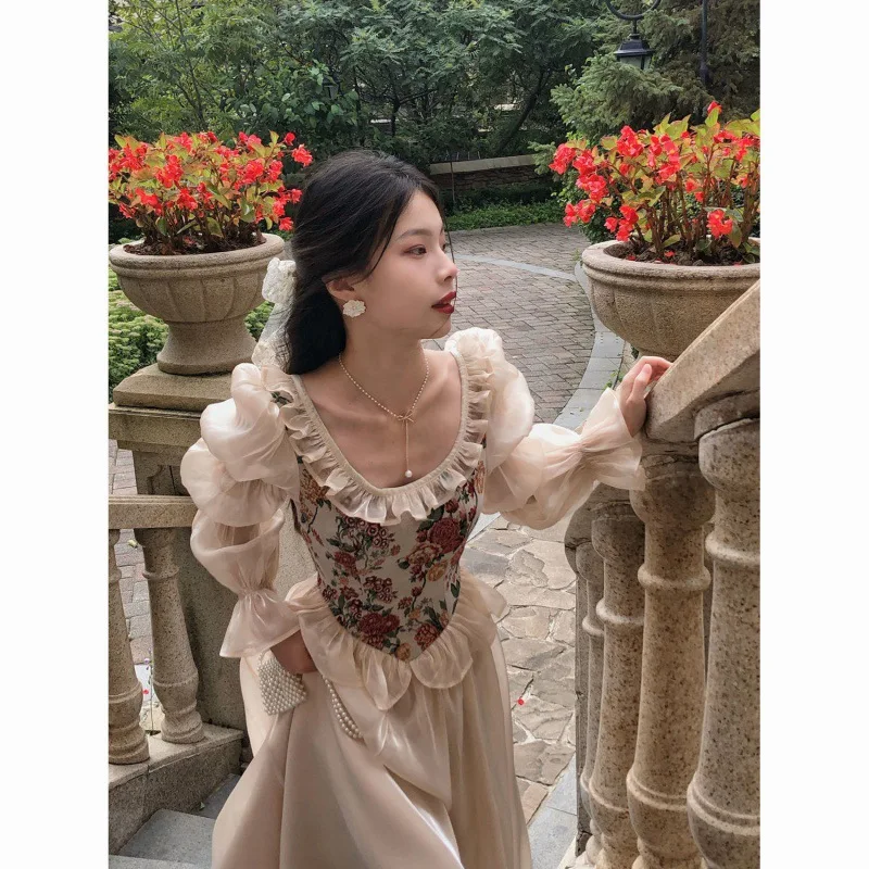 

Vintage Elegant Floral Print Dress Women 2025 Autumn Casual Evening Party Midi Dress Female Puff Sleeve Korea Fairy Dress