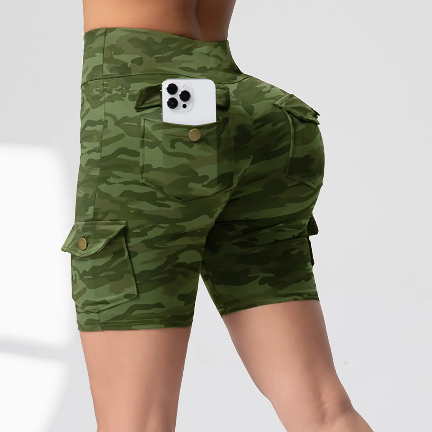 Pockets Camouflage Women's Sports Shorts High Waist Push Up Cycling Pants Fitness Outdoors Running Workout Shorts
