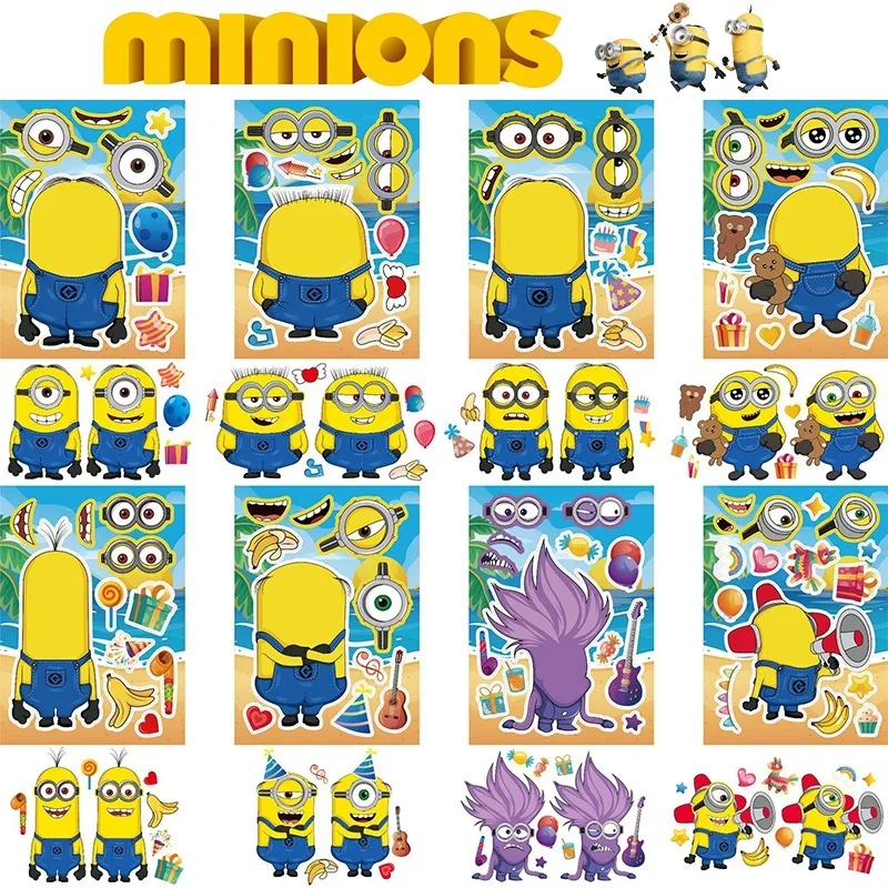 16pcs Minions Toys Make A Face Stickers DIY Cartoon Kids Puzzle Assemble Toy Children Game Jigsaw Anime Funny Party Toys Gifts