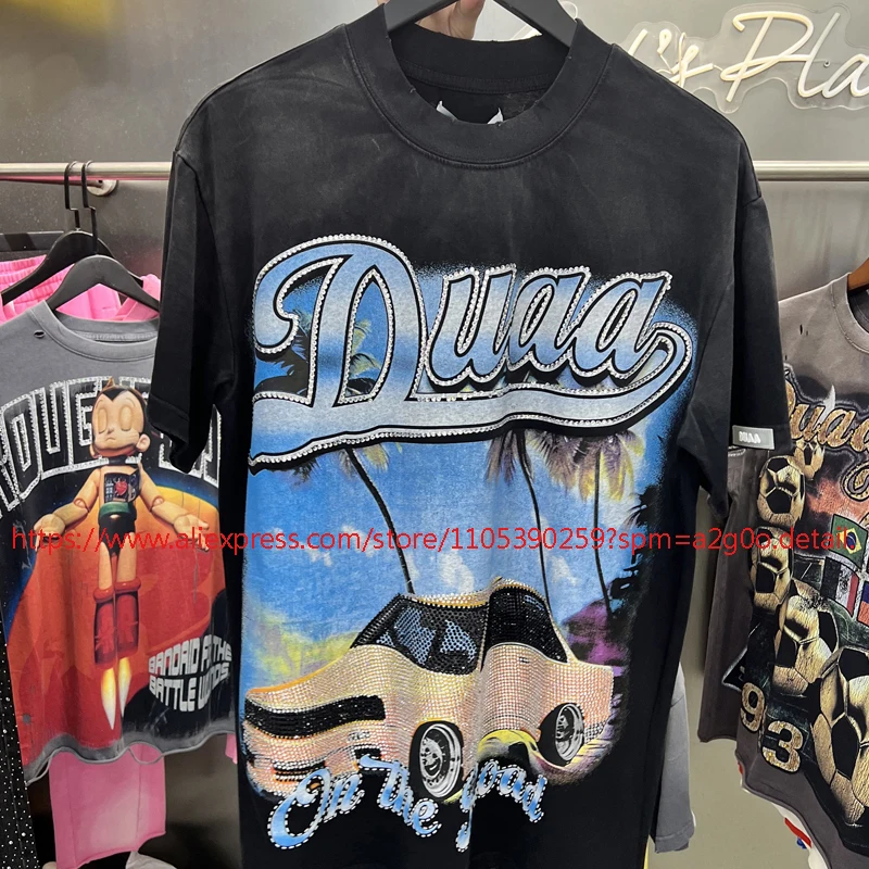 Stock New High Quality DUAA T-shirt Car Stamped Glitter Print  Trendy Street Style Hip Hop Loose Comfortable Casual Duaa Top Tee