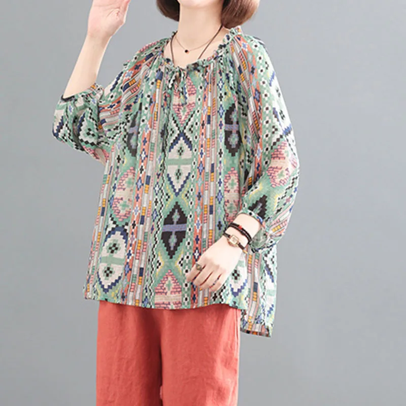 Casual Fashion Round Neck Lace Up Tops Female Summer New Women's Clothing Vintage Loose 3/4 Sleeve Printed Pullovers T-shirt