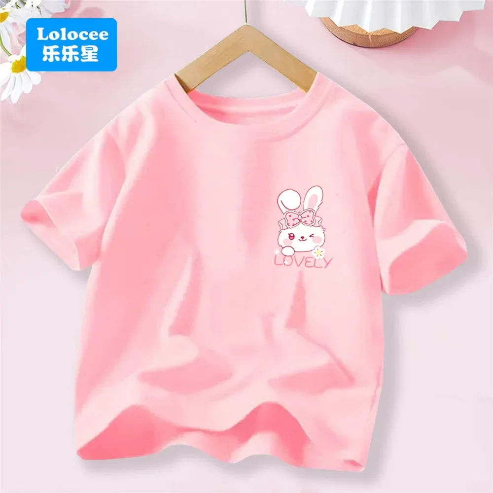 

Футболка с карманом и принтом кролика/кролика для девочек, свободная футболка с короткими рукавами и круглым вырезом, топы, модная летняя одежда для девочек