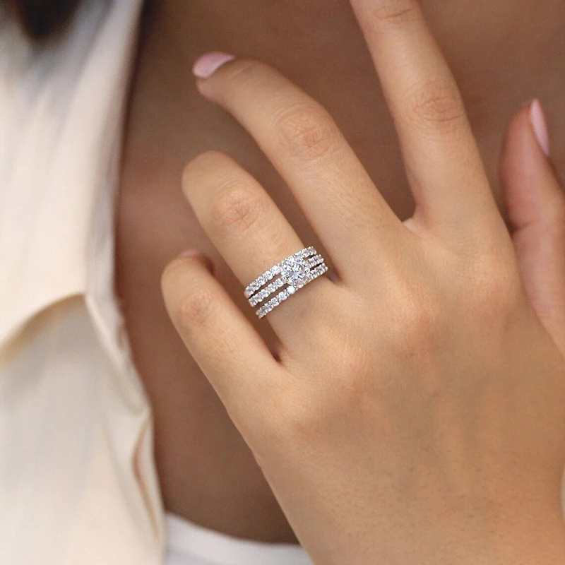 Huitan Fashion Contracted Design 3Pcs Set Rings with Cubic Zirconia Brilliant Bride Wedding Accessories New Trendy Women Jewelry