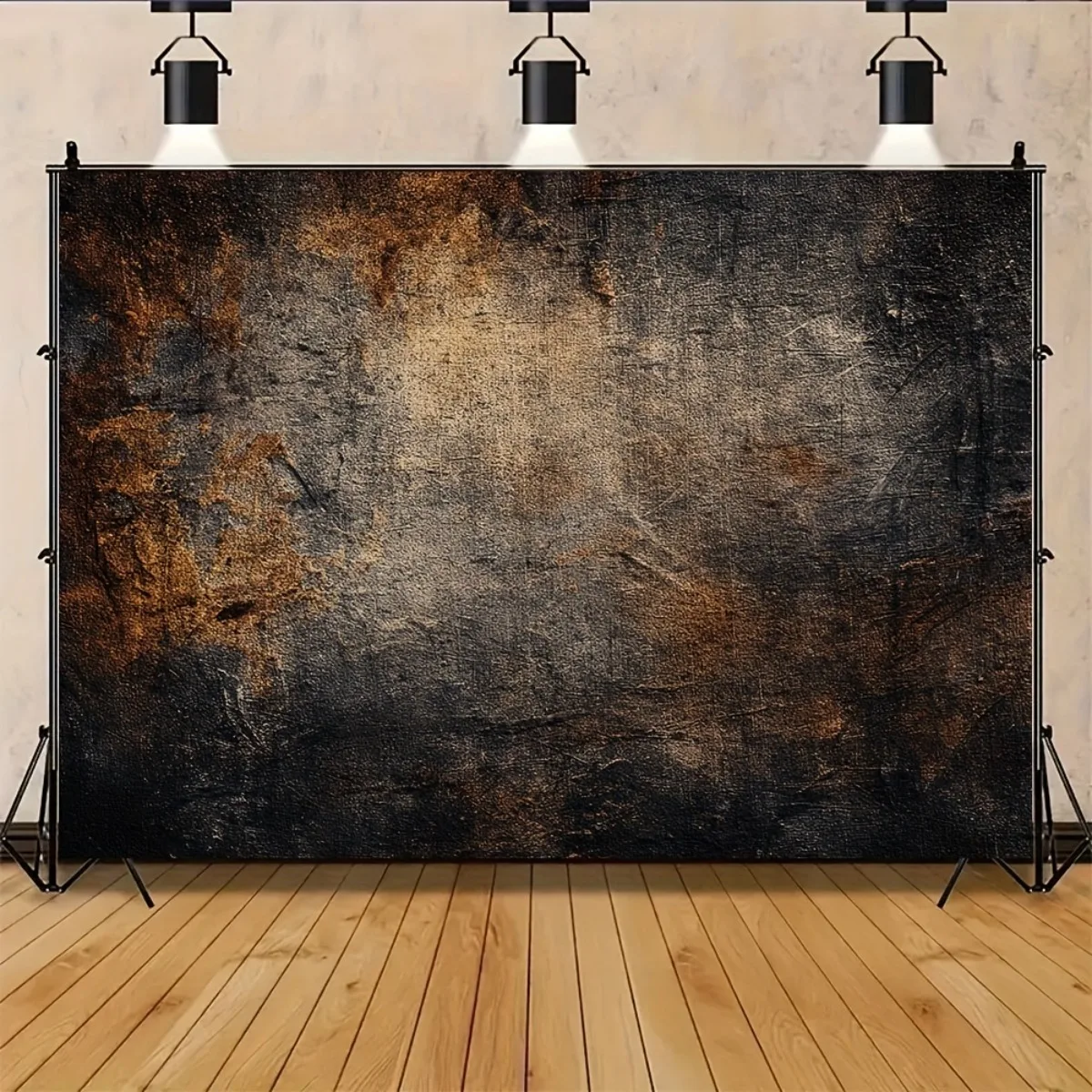 A retro industrial-style wall with dark textured surface and warm lighting, perfect for Halloween.