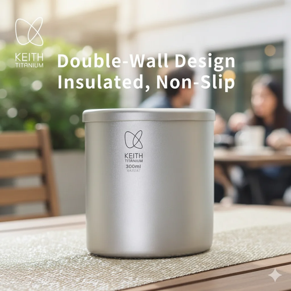 KEITH Titanium Double Wall Cup Non Vacuum Heat Insulation Cool Touch Lightweight Stackable Titanium Mug 220ml 350ml 450ml 600ml