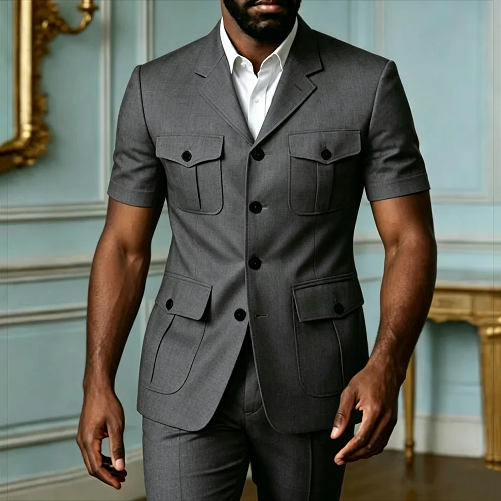 

Grey Men's Suit Short Sleeves Style New Jacket Pants Slim Fit 2-Pieces Tailor-Made Wedding Groom Formal High-end Blazer Set