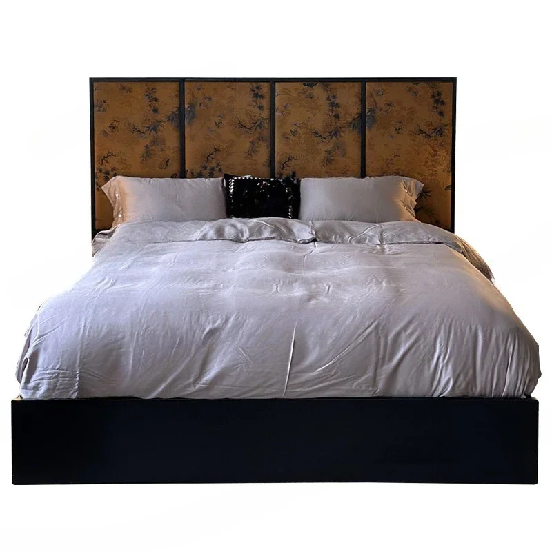 Picture screen bed, granular design solid wood bed, fragrant cloud yarn retro new Chinese double bed