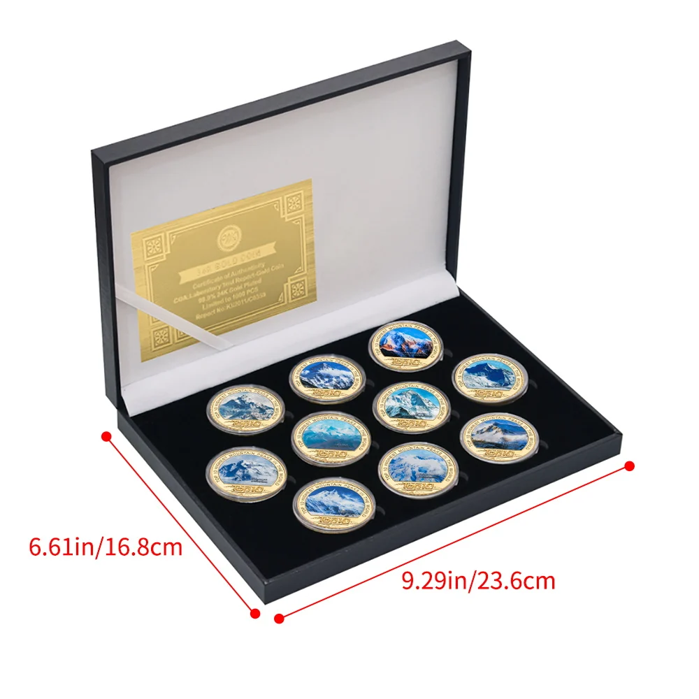 10PCS Top 10 Highest Mountains Peaks in the World Commemorative Coins Set Challenge Coin for Collection Christmas Gifts For Man