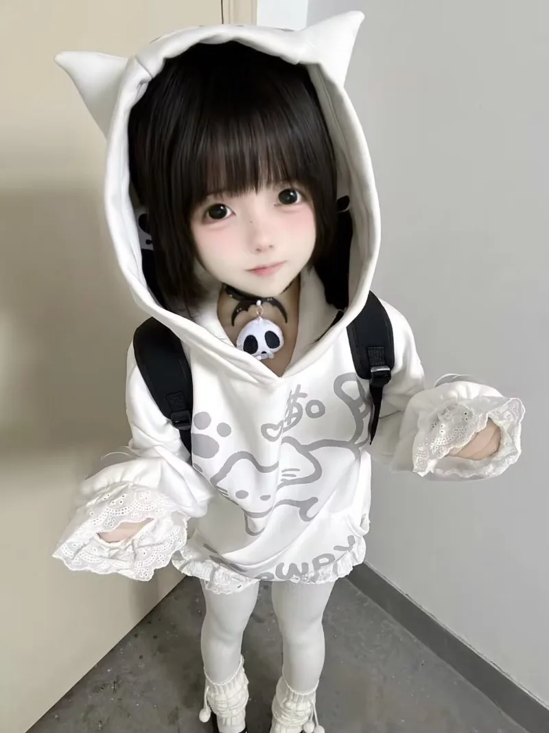 可愛いカワイイ女の子猫耳トップス和菓子Y2Kフーディサブカルチャー長袖スウェットシャツコート女性秋冬服