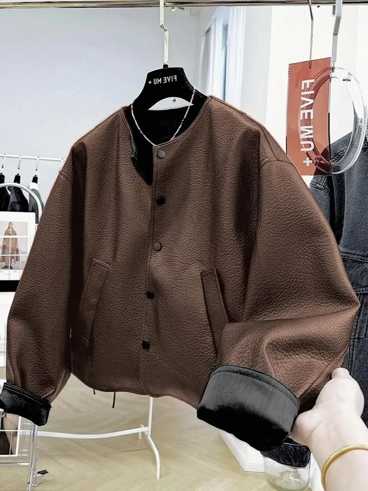 

Autumn Winter Leather Jaet Women's Vintage Biker Sle Fake eepskin Coat Brown Color Loose Fit Long Sve Cotton Blend