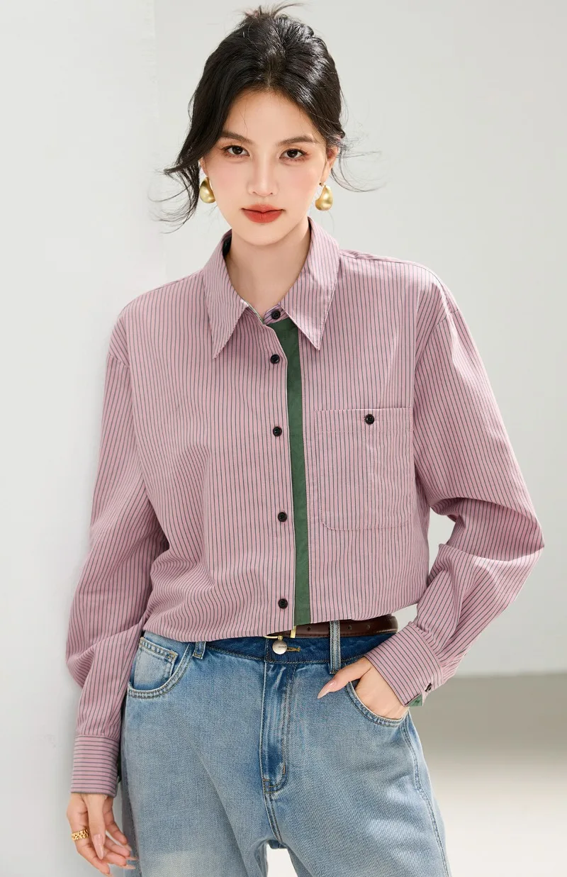 

Французские винтажные полосатые рубашки, женские весенне-осенние блузки в корейском стиле с длинными рукавами и воротником-поло, женские топы Camisas De Mujer