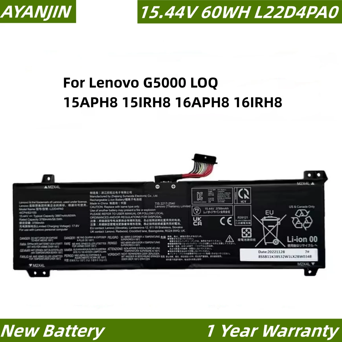 60WH L22D4PA0 Laptop Battery NEW For Lenovo G5000 LOQ 15APH8/15IRH8/16APH8/16IRH8 L22B4PA0 L22M4PA0 L22X4PA0