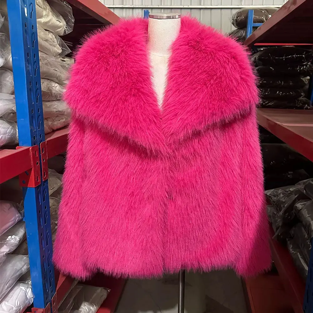 Casaco de inverno feminino de luxo 2025 gola grande fofo pele sintética jaqueta de pelúcia vintage solto curto outerwear para o sexo feminino