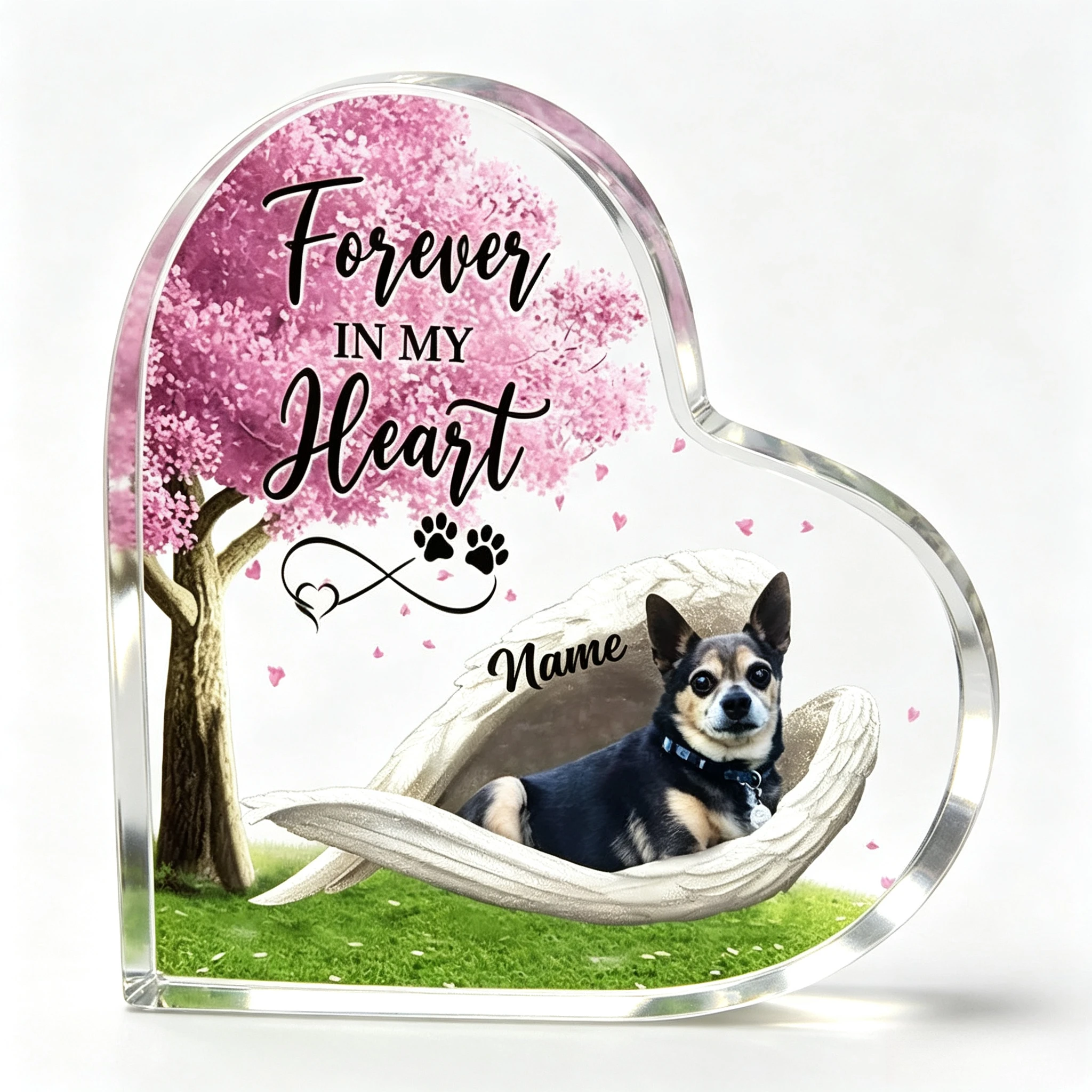 Personalized Chihuahua Sleeping Angel Acrylic Heart Shaped Plaque, Pet Remembrance Keepsake Desk Heart Decor, Memorial Gifts for Loss of Dog