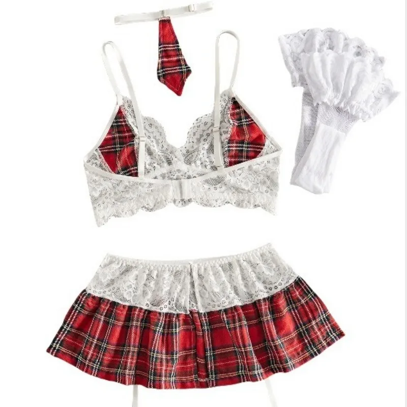 

Tornova Sexy Lingerie Suit Women Plaid Suit Lace Hollow Lace Tie Role-playing Sexy College Uniform Mesh See-through Underwear