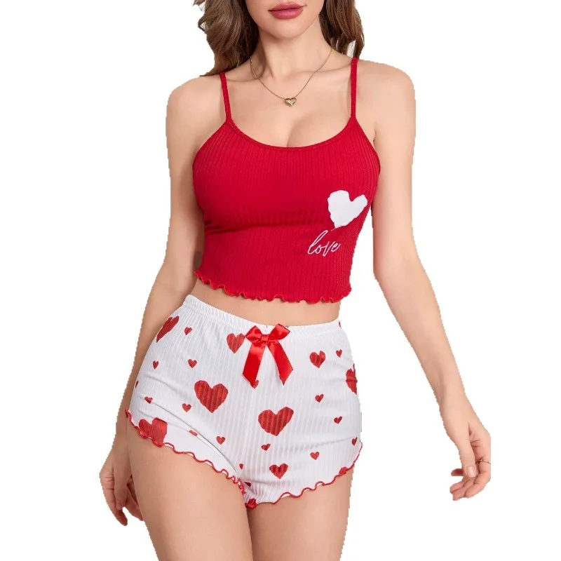 Conjunto de roupas de casa femininas de verão, conjunto de pijama estampado com figura modeladora, shorts de camisola sexy para mulheres