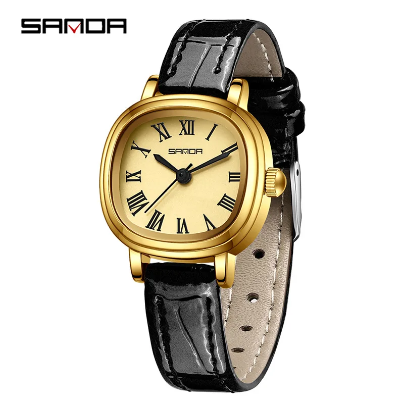 Fashion Sanda 1137 Top Brand Women Quartz Elegant Brown Black Simple Roman Analog Display Leather Strap Wrist Watch For Lady