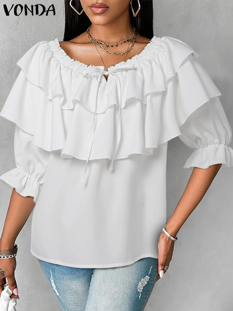 VONDA Women Off Shoulder Blouse Fashion Solid Color Tunic 2024 Casual Multi-layer Ruffle Shirts Bohemian Tops Oversized