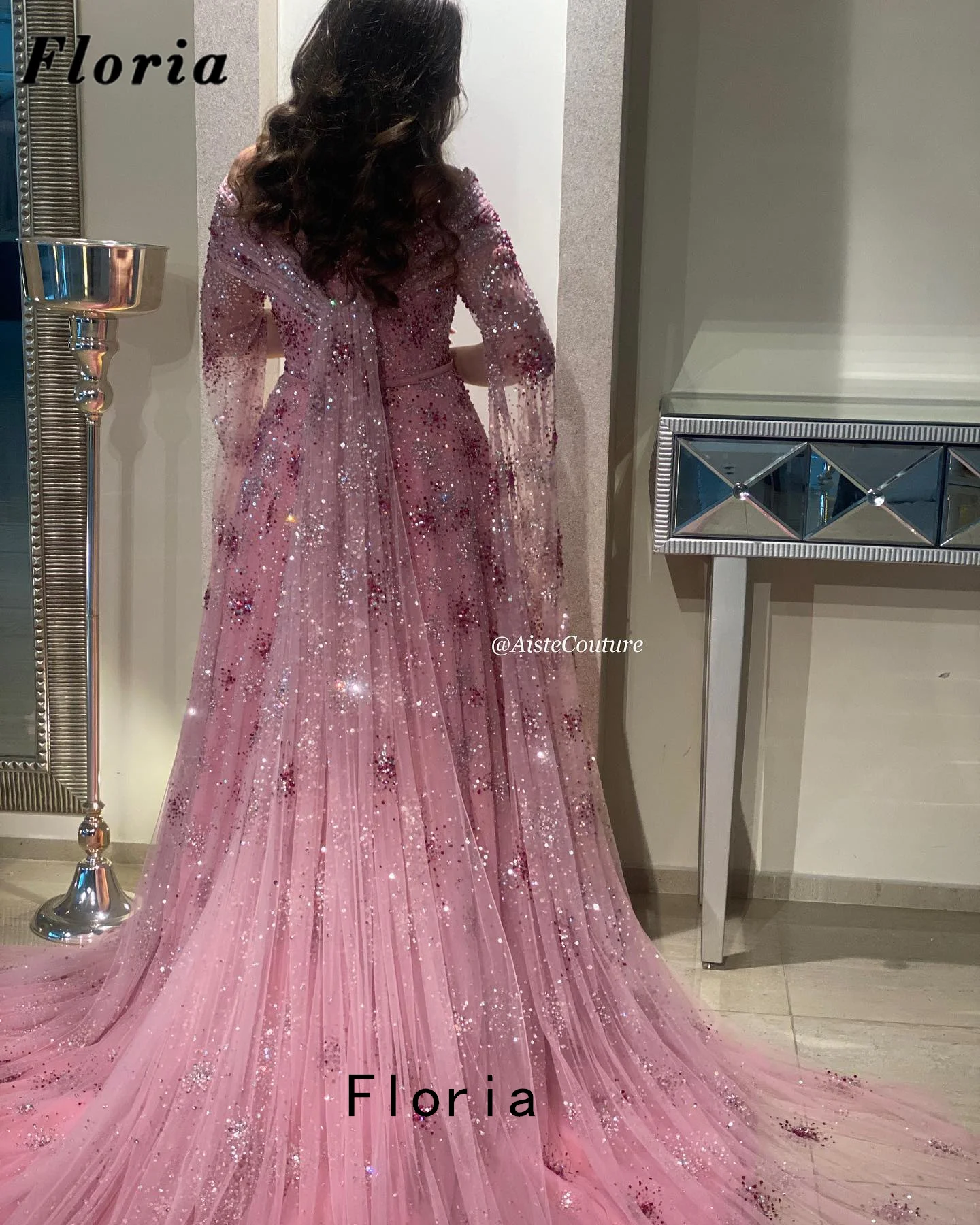Saudi Arabia Pink Long Evening Dresses Custom Made Beading Flowers Women Cocktail Prom Dress Formal Dubai Wedding Party Gowns
