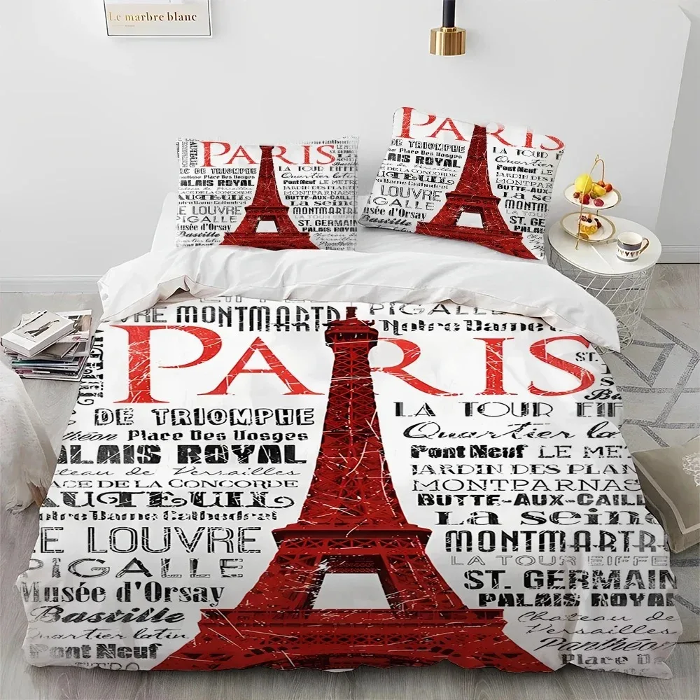 

France Paris Eiffel Tower Romantic Comforter Bedding Set,Duvet Cover Bed Set Quilt Cover Pillowcase,King Queen Size Bedding Set