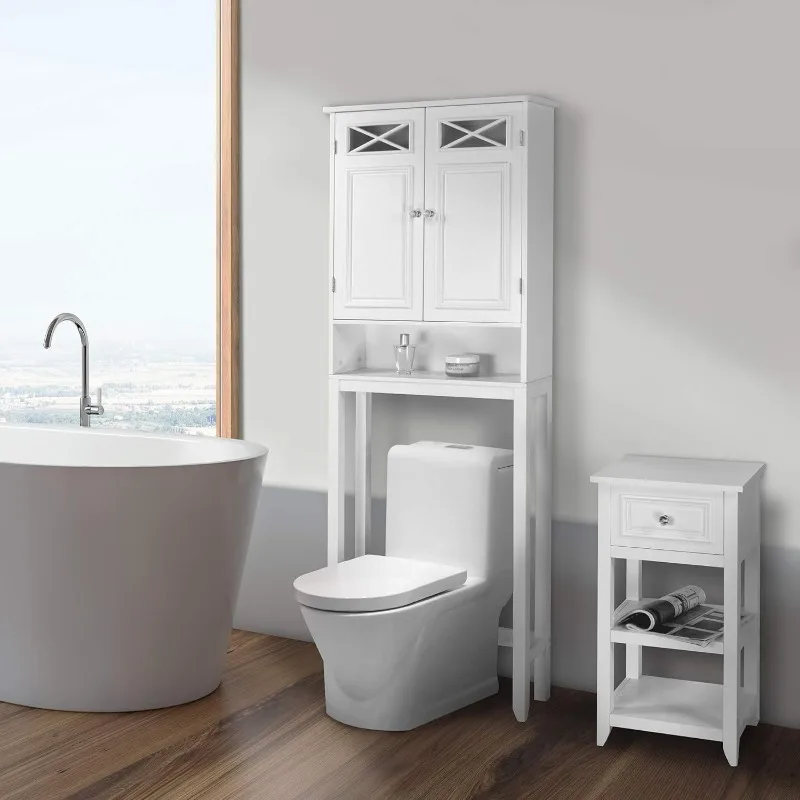 Dawson Wooden 2-Door Bathroom Etagere Over The Toilet Space Saver Cabinet with Interior Adjustable Shelf and Open Shelf