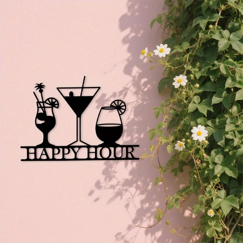 

1pc Happy Hour Metal Wall Art Sign - Cocktail Decor with Martini, Wine Glass - Durable Indoor/Outdoor Decoration for Home Bars