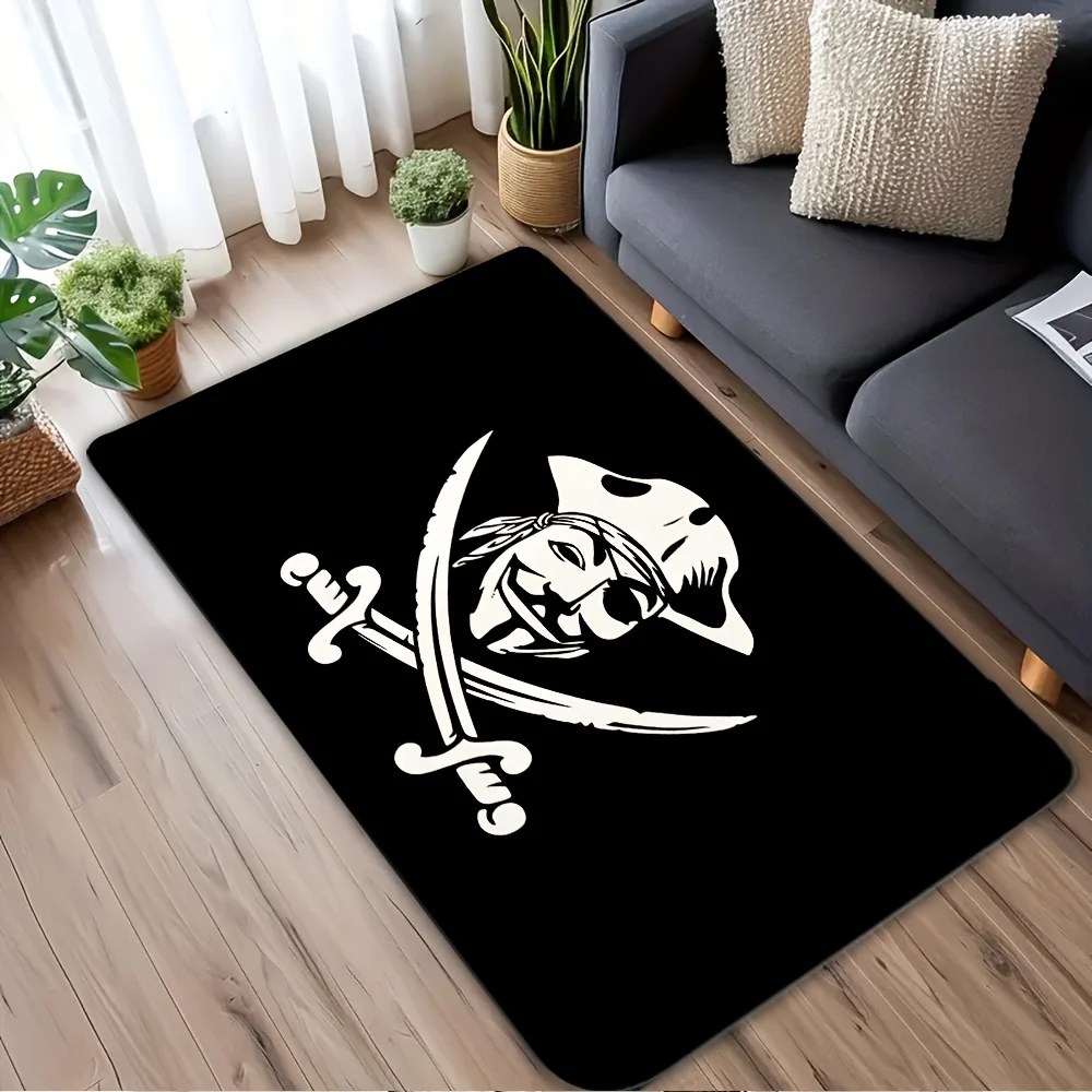 A Single Pirate-Themed Non-Slip Washable Doormat Featuring a Skull And Crossed Swords Design - a Black And White Jolly Roger Pir