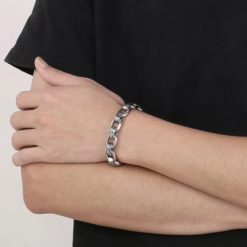 HAOYI Vintage Stainless Steel  Crack Buckle Totem O-shaped Bracelet Men's Bracelet's Hip Hop Punk Silver Color Jewelry