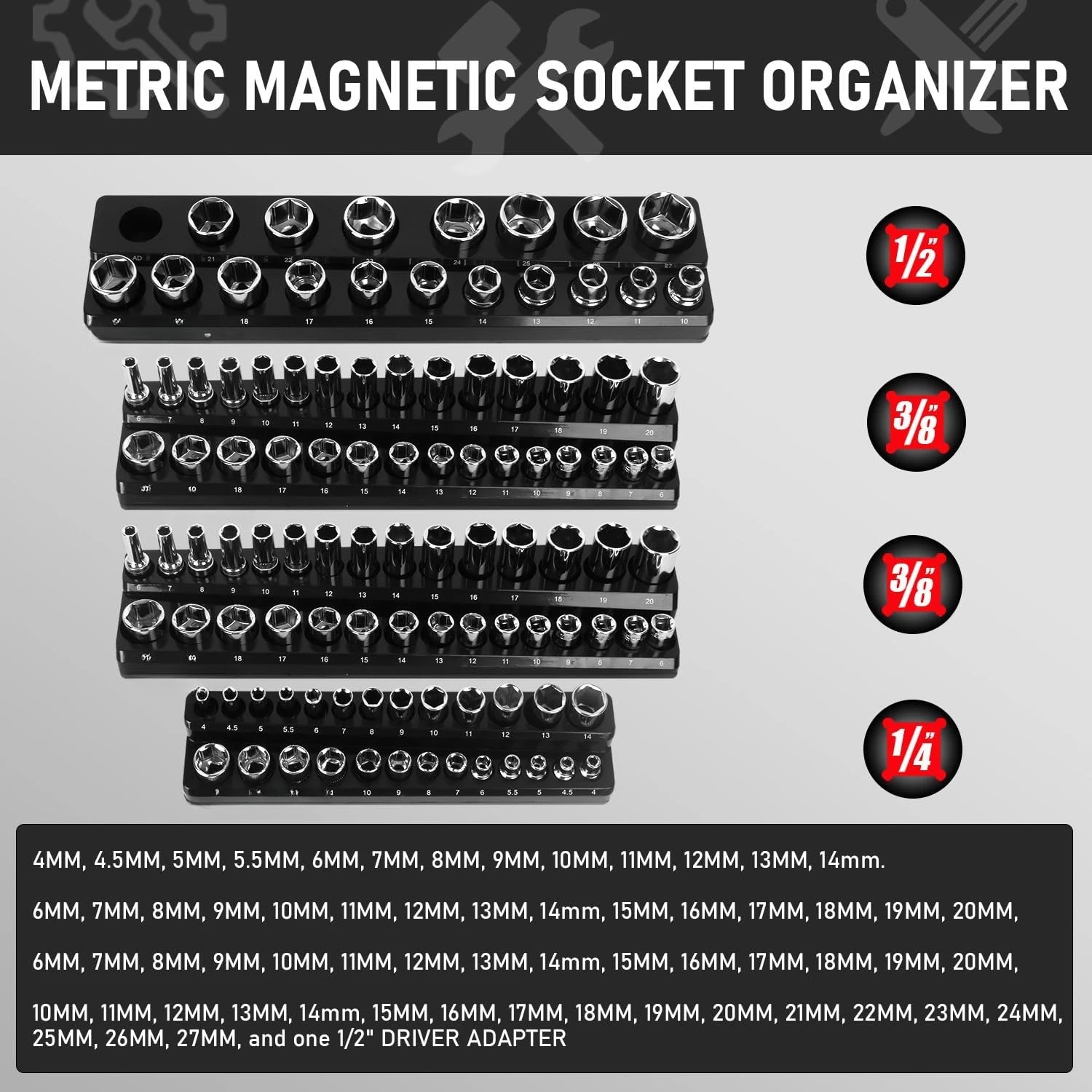 Zestaw 8 magnetycznych organizerów na nasadki, magnetyczny uchwyt na nasadki, 1/4 cala, 3/8 cala, 1/2 cala, metryczne i calowe magnetyczne tacki na narzędzia do nasadek. Gorąca wyprzedaż.