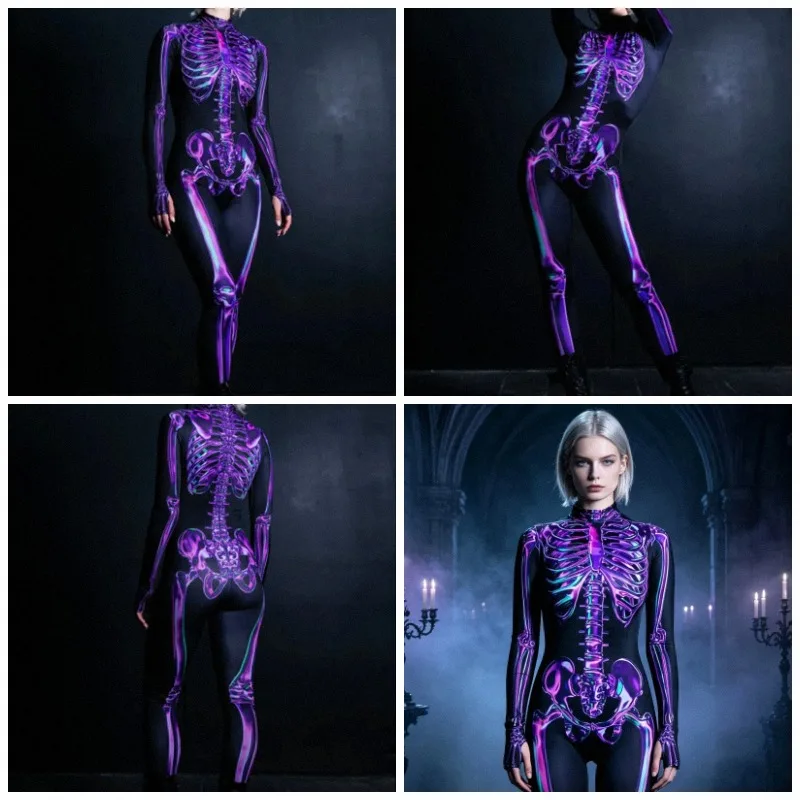 Body morado con estampado de esqueleto para mujer, mono de manga larga, traje de cosplay para Halloween, carnaval, Día de Muertos, fiesta, disfraz de escenario