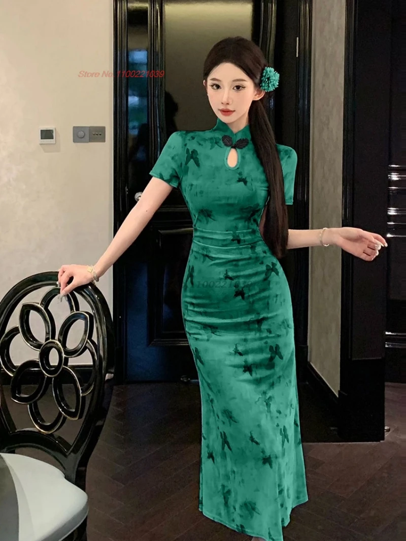 2026-chinese-sexy-fishtail-cheongsam-sleeveless-mesh-qipao-retro-flower-print-evening-dress-traditional-banquet-nightclub-dress