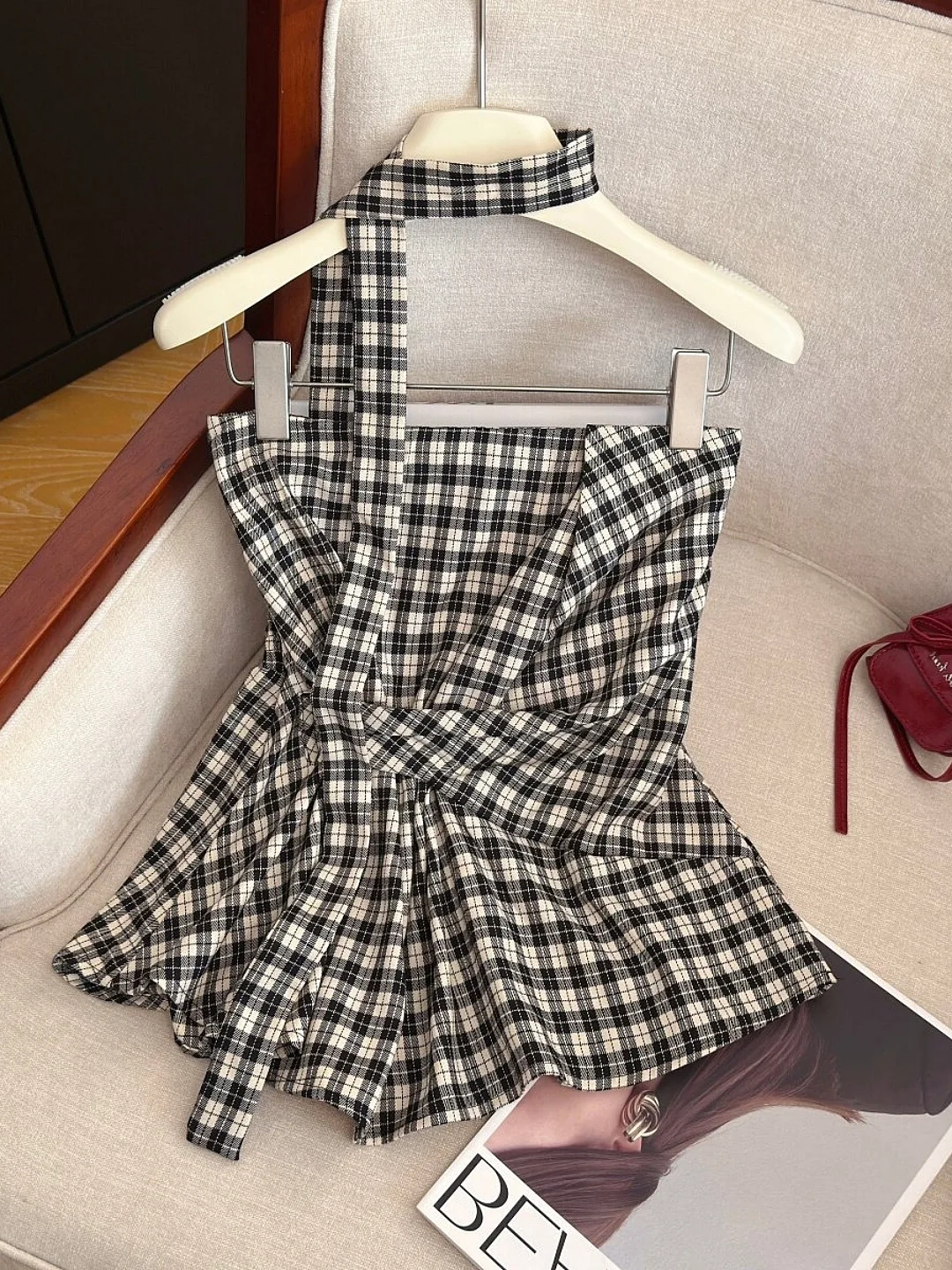 

Korean Style Plaid Sash Neckless Tube Top Women's Slimming Summer Shirt Wrap Waist Halter Neck Vest Casual Loose Fit Top
