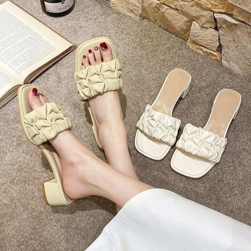 

Pleated Cloth Slippers Women Square Peep Toe Sandalias De Mujer Verano Chunky Mid Heels Fairy Huaraches Summer Outwear Shoes