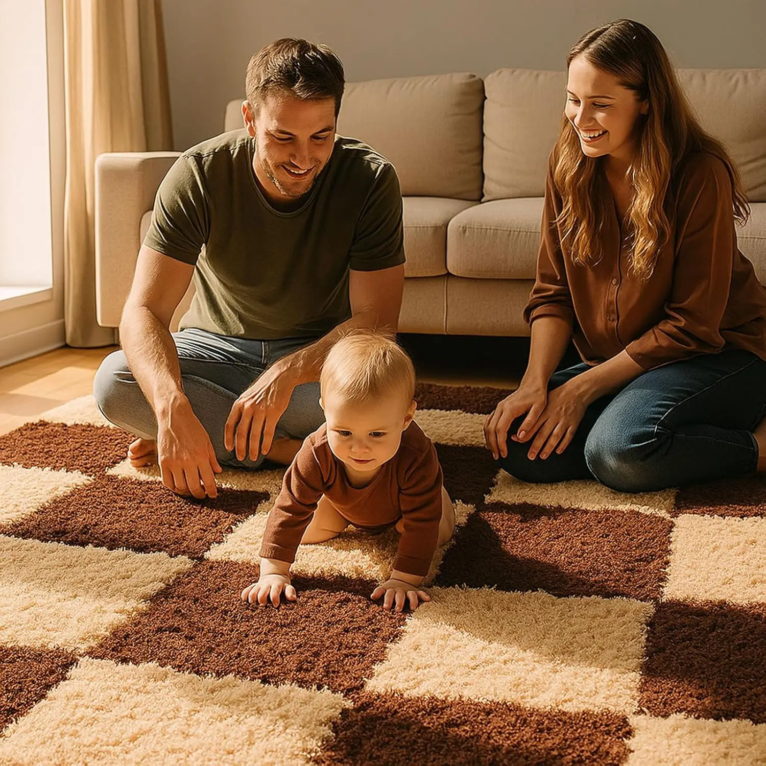 Thickened Plush Foam Interlocking Floor Mat Fluffy Puzzle Carpet Tiles Soft Anti Slip Shaggy Area Rug Playmat with Edgings
