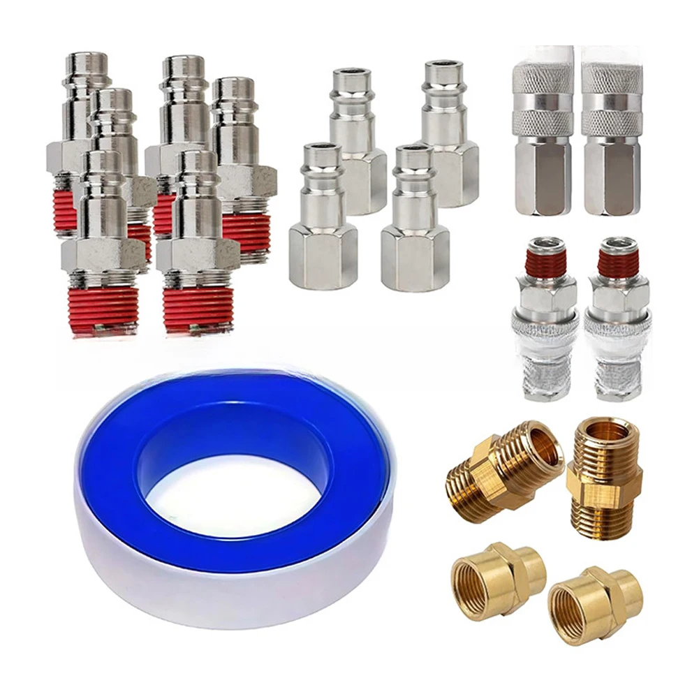 19Pcs Quick Connect Air Coupler Kit Pneumatic Fittings For Compressor Tools Iron 1/4 Inch With PTFE Tape
