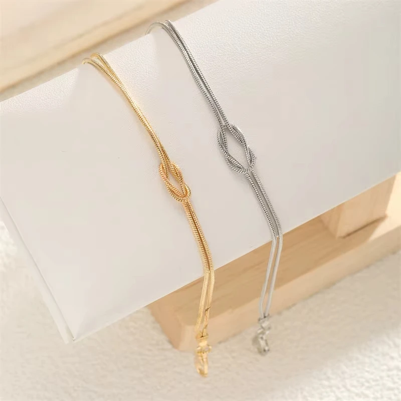 FTCY Simple Metal Love Knot Couple Bracelet Set for Women Men Snake Chain Handmade Knot Shaped Bracelet Best Friend Gift