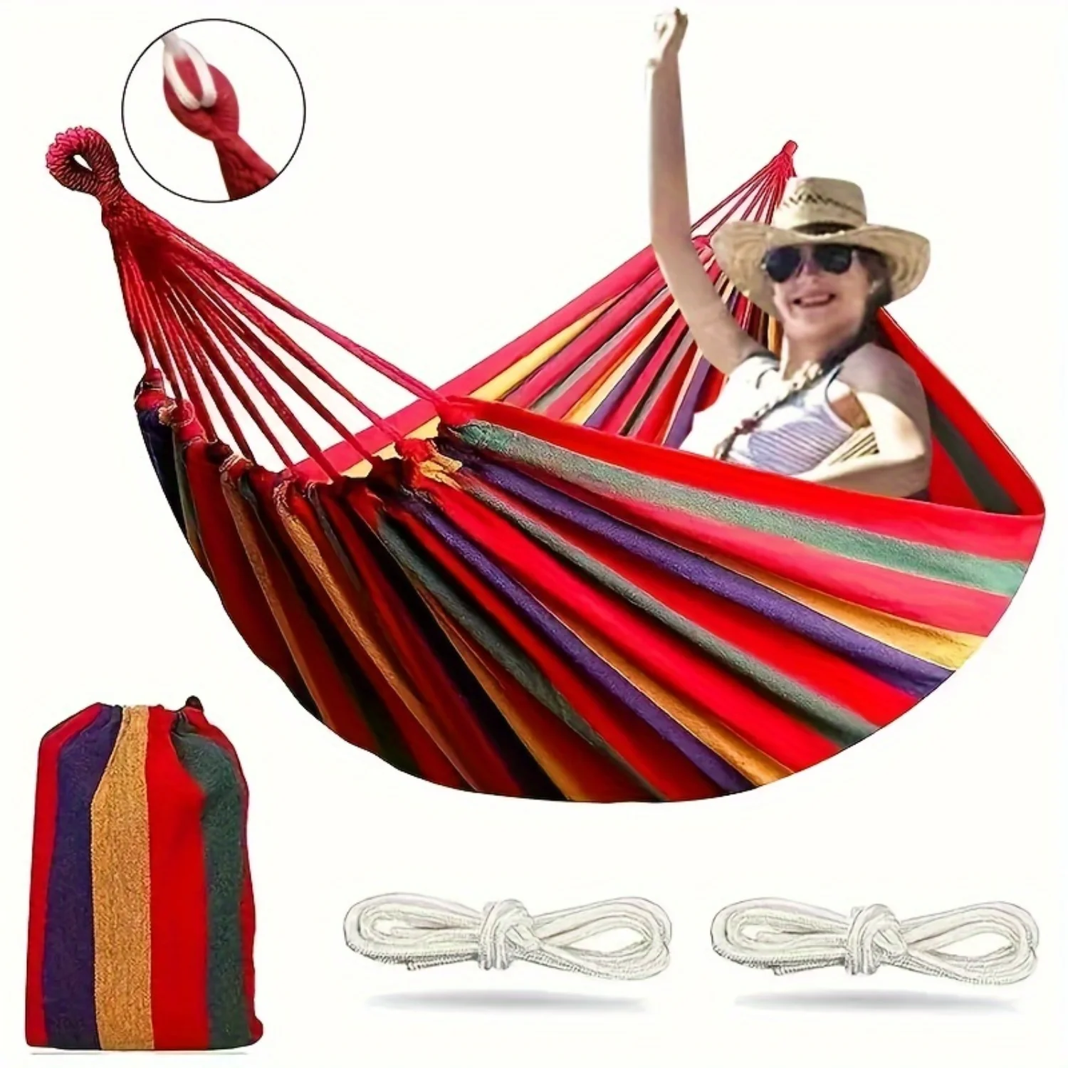 

1pc Portable Outdoor Hammock For Camping & Adventure, Colorful Striped Canvas Swing Chair With Hanging Ropes, Easy Setup, Durabl