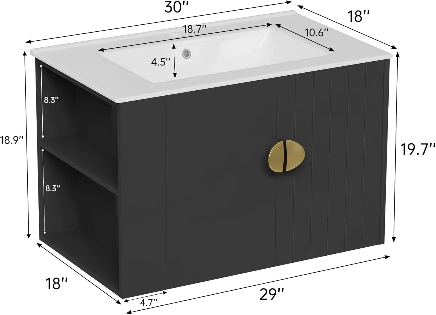 30 Inch Floating Vanity Bathroom with Sink, Black Bathroom Vanity Cabinet Combo with Ceramics Sink Top