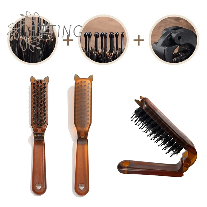 

Горячая щетка для волос с кошачьими ушками и щетиной кабана, янтарная складная расческа, карманная складная дорожная массажная щетка для укладки, салонный женский подарок, новинка