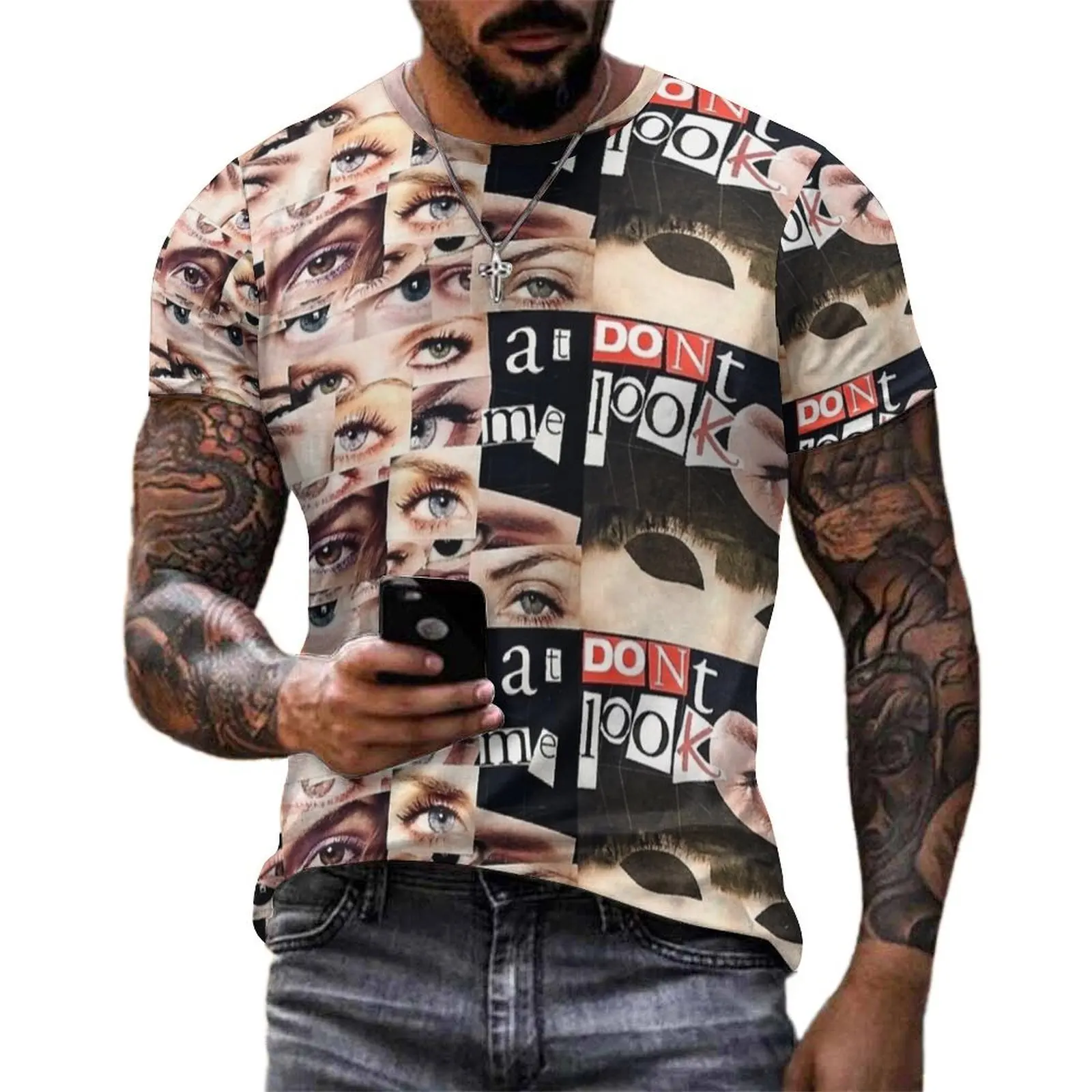 Grunge Collage Woman Eyes Text Art Print T Shirt Harajuku T Shirts Men Awesome Tee Shirt Summer Short-Sleeve Design Top Tees