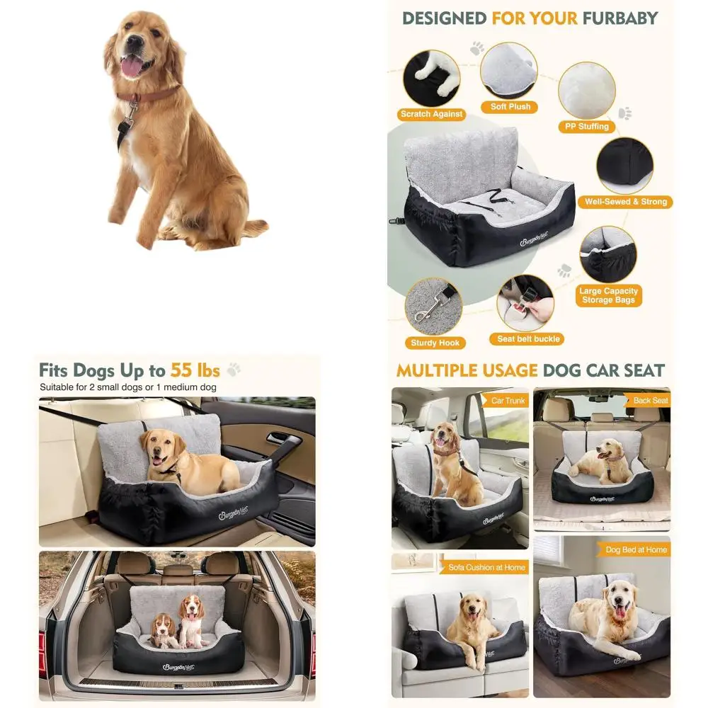 

Портативное автокресло для средних/крупных собак весом до 25 кг, съемное и моющееся, с карманами для хранения и креплением для поводка, черное