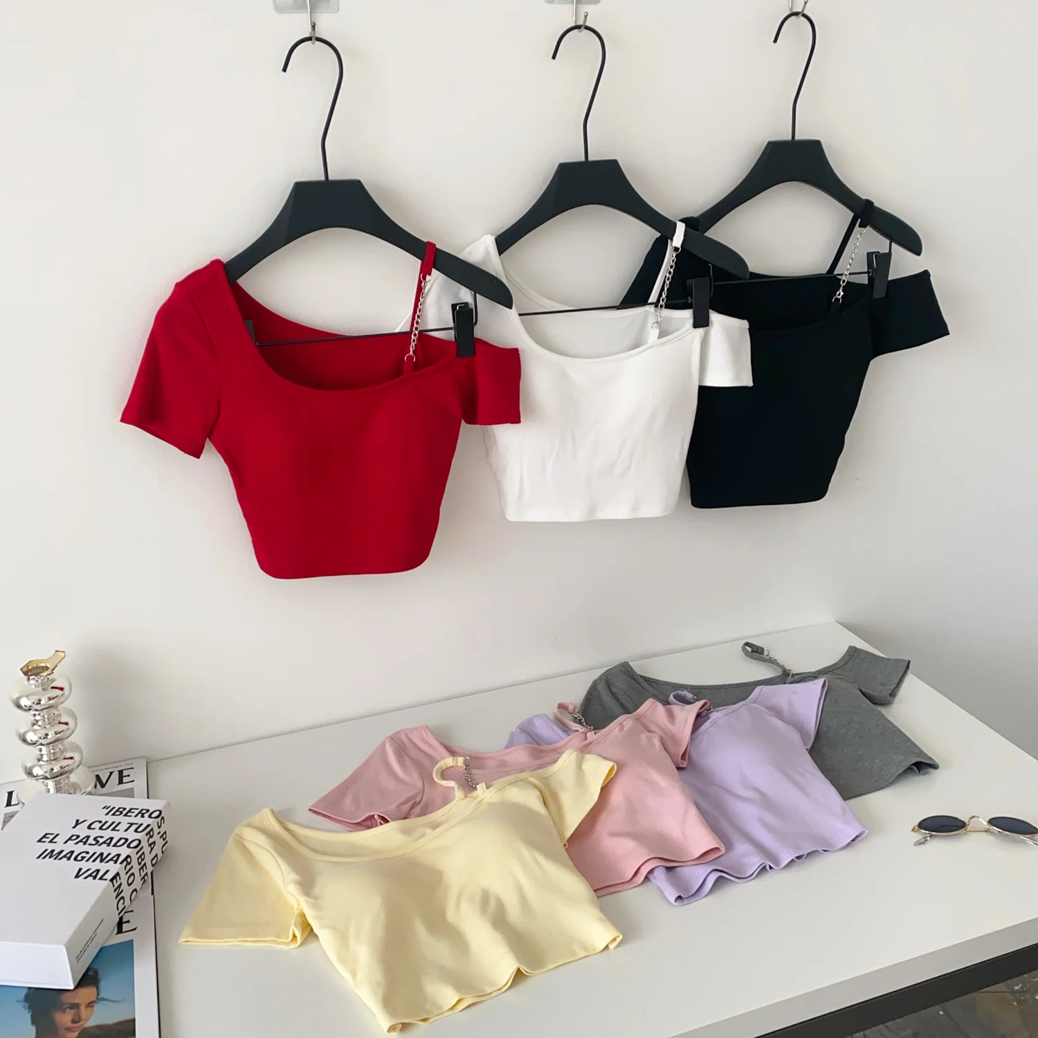 

Clothland Women Stylish Off Shoulder T Shirt Skew Collar Short Sleeve Tee Summer Slim Sexy Tops Blusa Mujer DA599