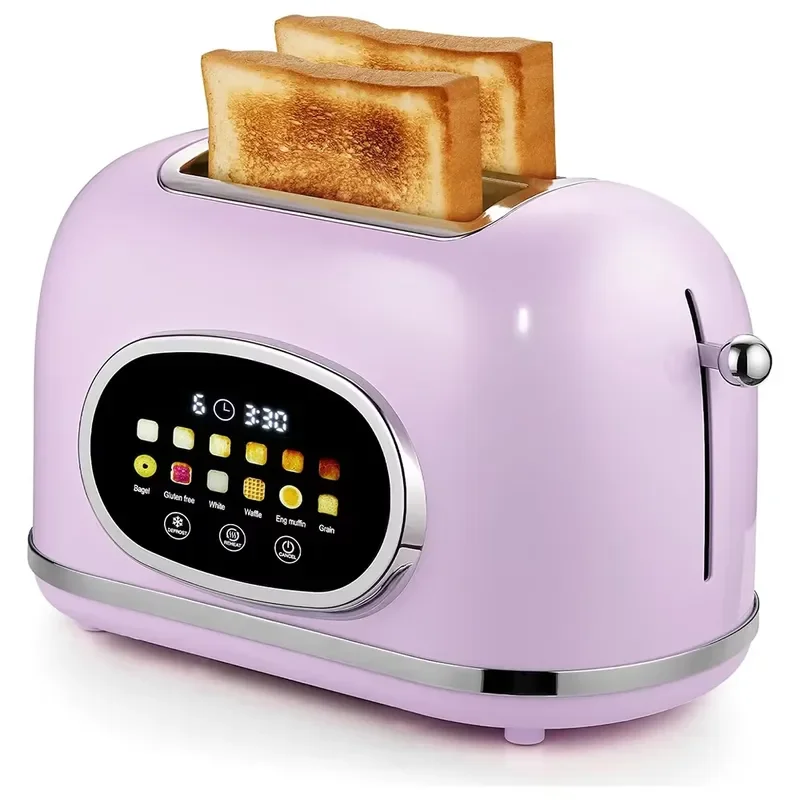 Smart Touch Screen 2-Slice Toaster Retro Stainless Steel Digital Timer Defrost Functions for 6 Bread Household Hotel