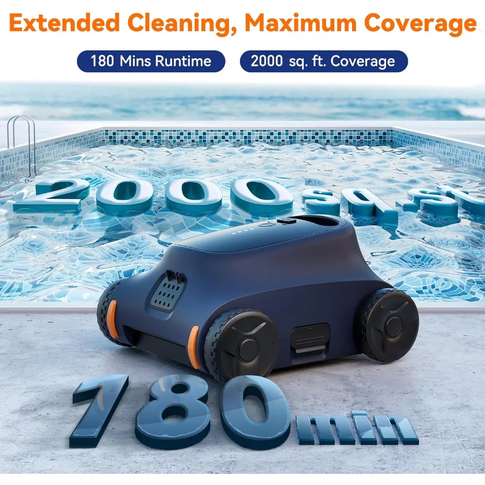 Wireless robotic pool cleaner for flat swimming pools up to 2000 square feet, automatic parking, dual brushless motors