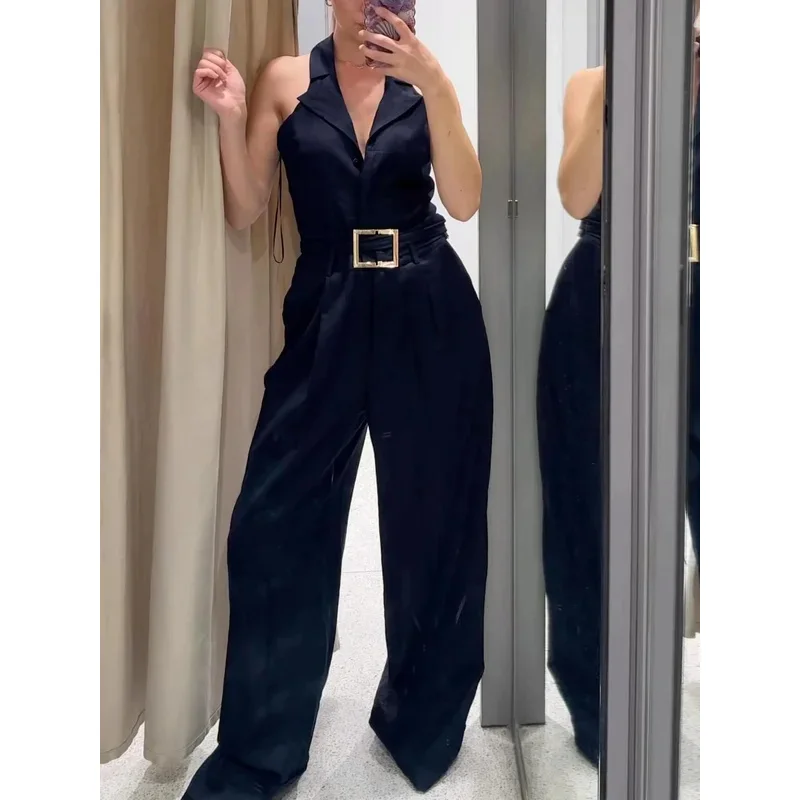 

Women's High Waist Wide Leg Linen Jumpsuit Retro Fashion Belted Casual Commuter Pants 2025 Style