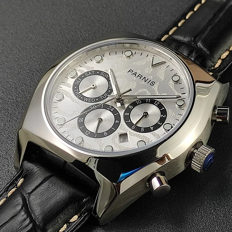 Parnis Automatic Mechanical Watch, Panda‑Dial Triple Calendar, Day‑Of‑Week & 24‑Hour Indicator, Vintage Model 381, Men’s Watch w
